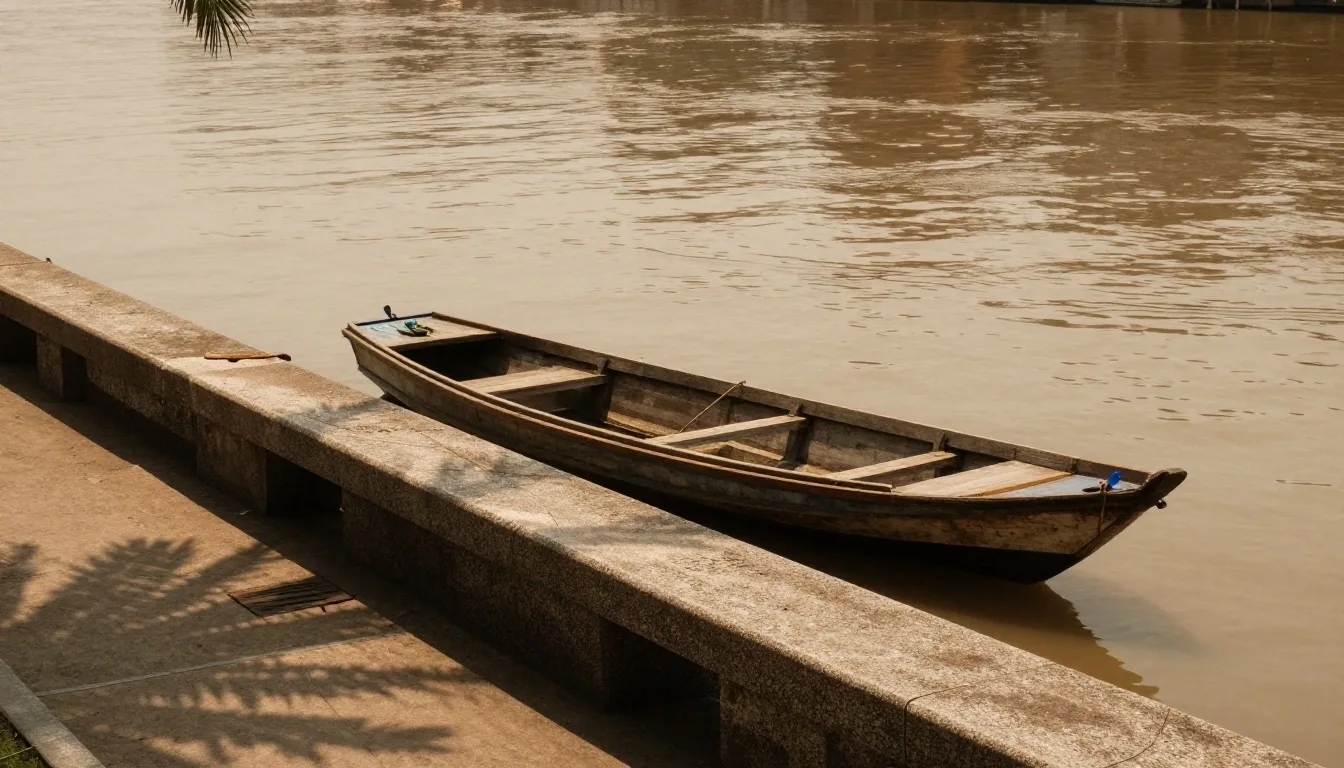 A quiet Surabaya quay at four in the afternoon with still water and long shadows