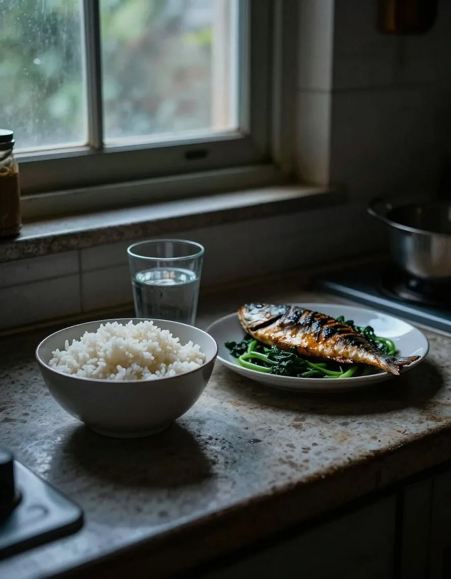 A simple everyday meal of rice, greens and fish on a worn table