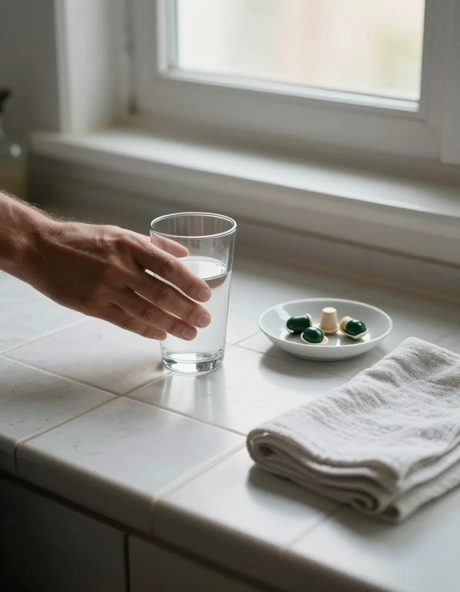 Hands at a morning kitchen counter with a glass of water and a small dish of capsules