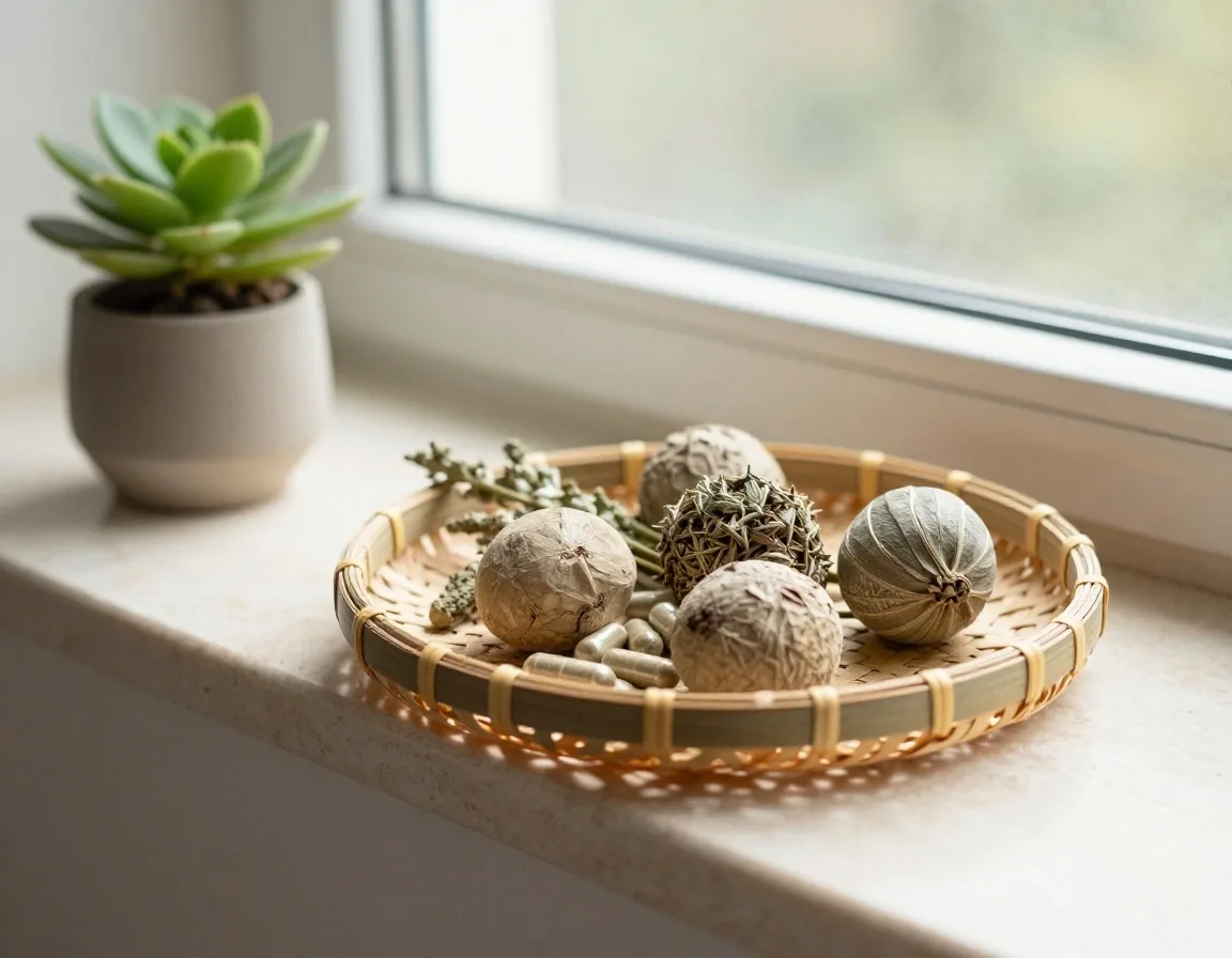 Natural capsules and whole botanicals on a pale surface